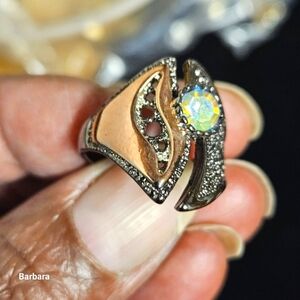 2-tone Silver-plate Hollow Wave Zircon Ring, Size 8